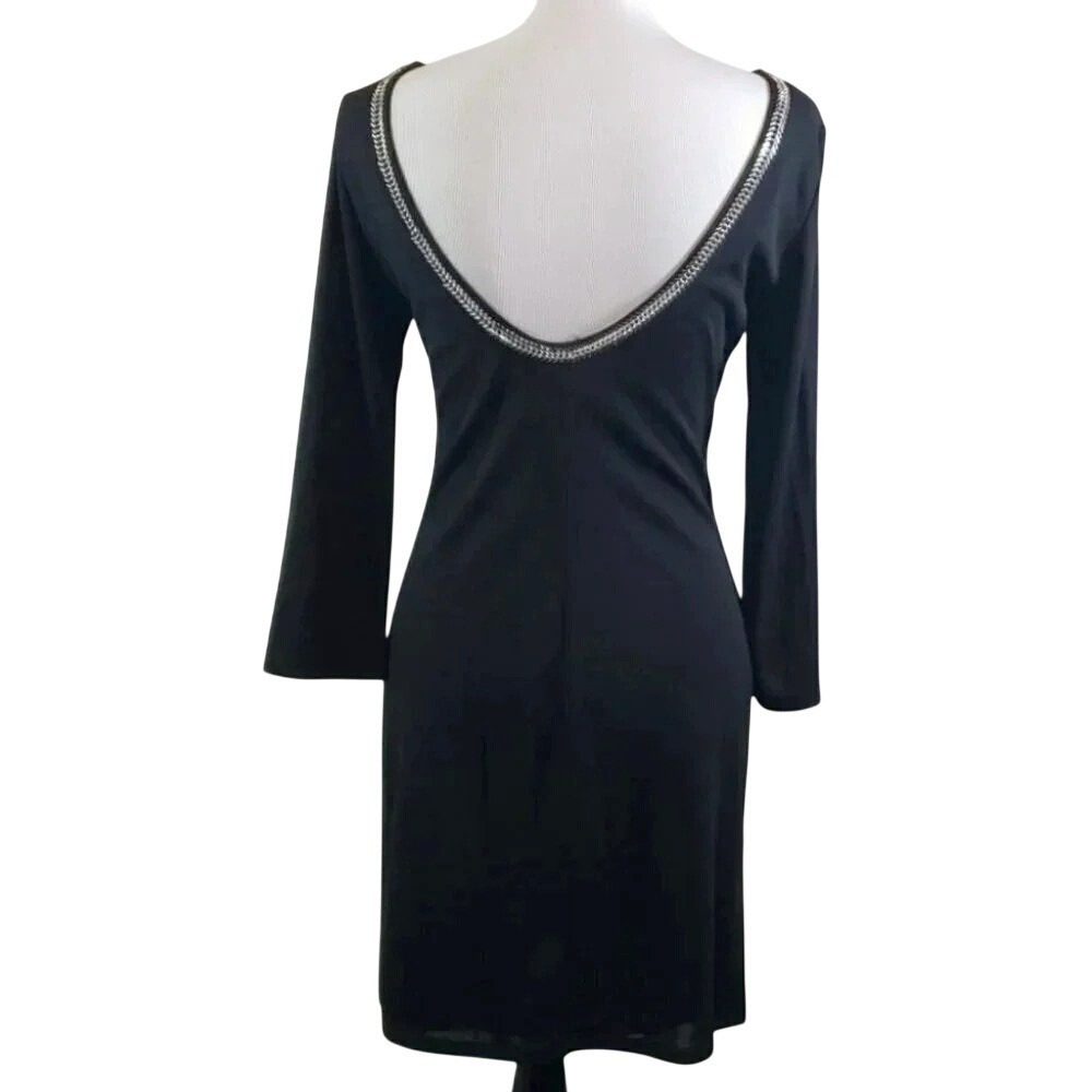 H&M Chain Trim Dress‎ 10 Black Deep V-Back 3/4 Sleeve Cocktail LBD